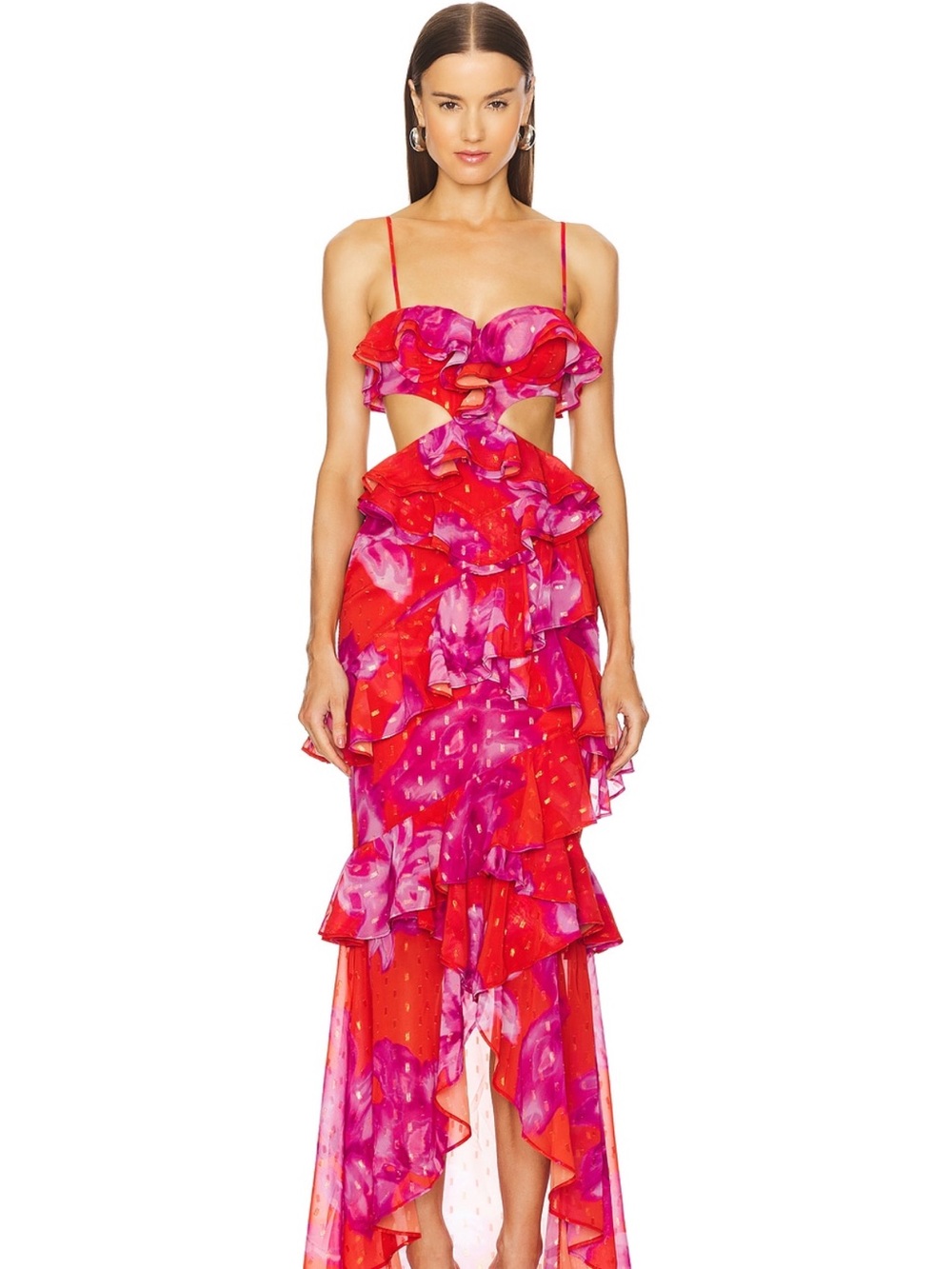 Fuchsia and Red Ruffle Cutout Maxi Dress